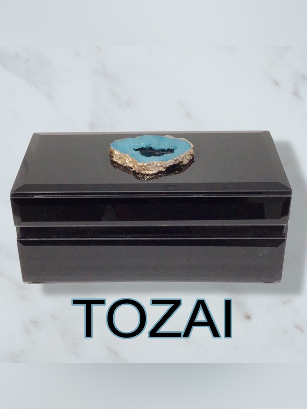 TOZAI Black Glass Hinged Box with Blue Geode